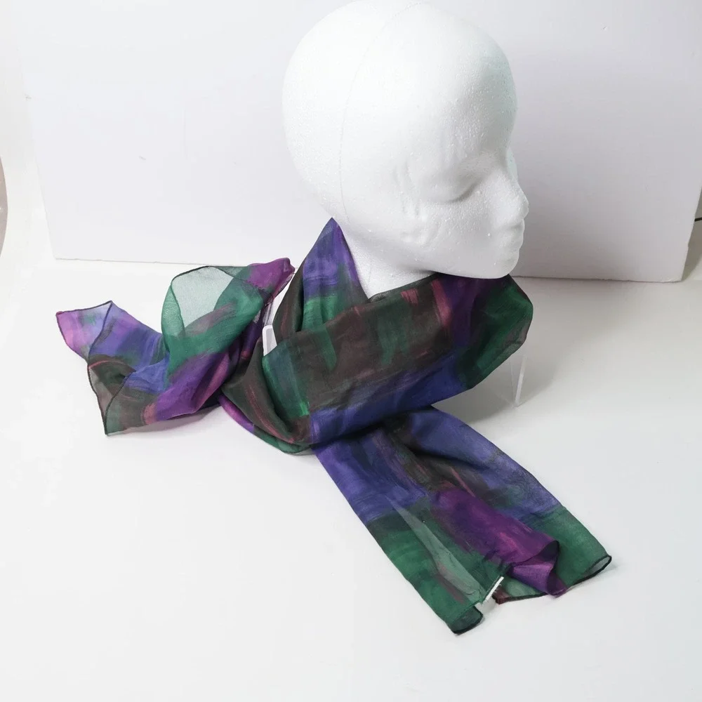 Vintage Abstract Watercolor Silk Chiffon Scarf Purple Green Jewel Tone 63x11